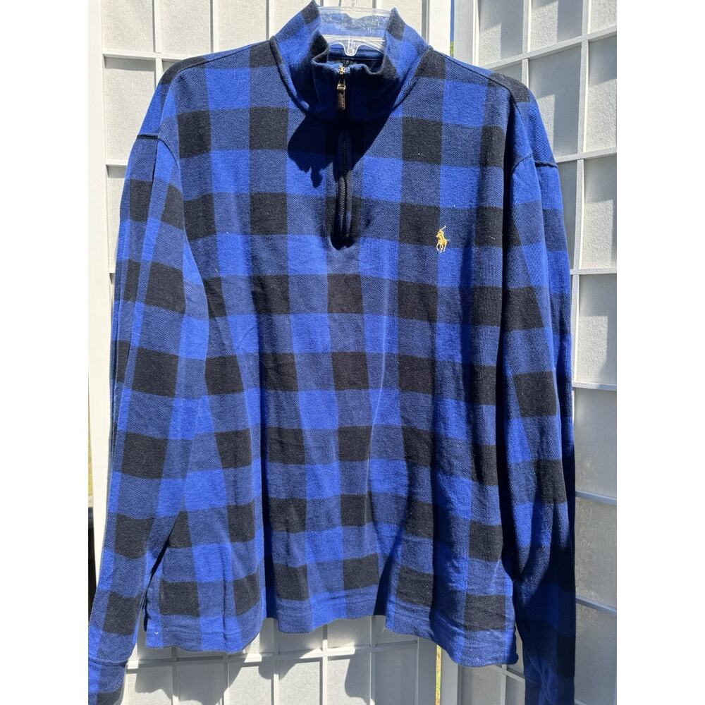 Ralph Lauren Quarter Zip Men's large Black Blue Plaid Check Pony Estate Rib Logo